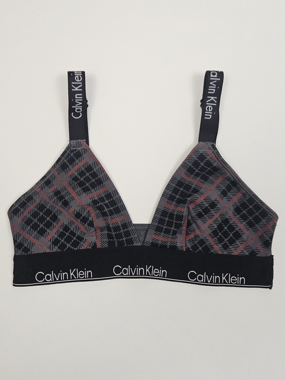 Calvin Klein Plaid Triangle Bralette Size M Grey Red Logo Strap Bra